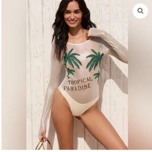 Maaji By Antropologie Cream and Green Tropical One Piece